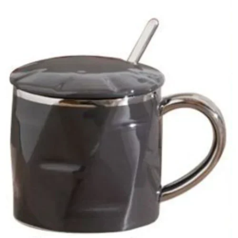 Κεραμική Κούπα 400ml με Καπάκι και Κουτάλι 9.3x8.5cm SDS-25458 Μαύρη