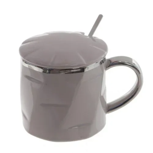 Κεραμική Κούπα 400ml με Καπάκι και Κουτάλι 9.3x8.5cm SDS-25458 Γκρι