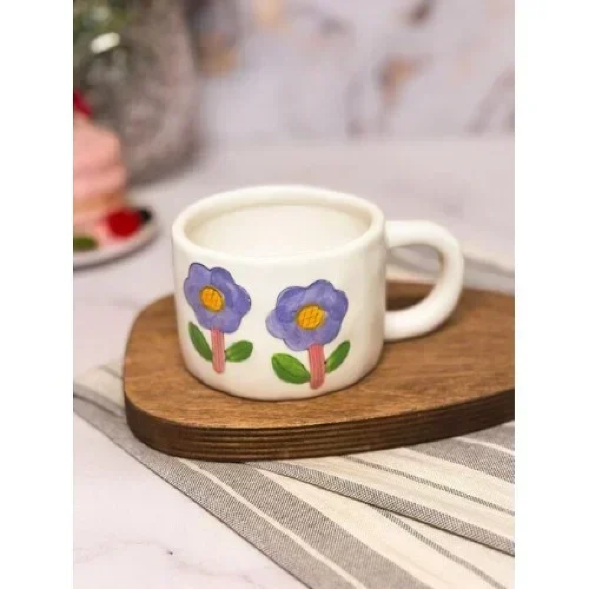 Κεραμική Κούπα 350ml 9.2x6.9cm SDS-25462 Λευκή με Μωβ Λουλούδια