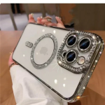 Θήκη Σιλικόνης Glitter and Strass MagSafe με Προστασία Κάμερας Ασημί iPhone 16 Pro Max