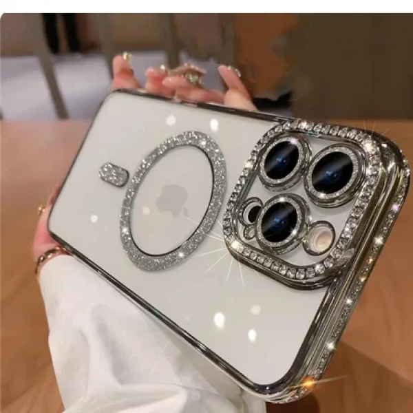 Θήκη Σιλικόνης Glitter and Strass MagSafe με Προστασία Κάμερας Ασημί iPhone 16 Pro Max