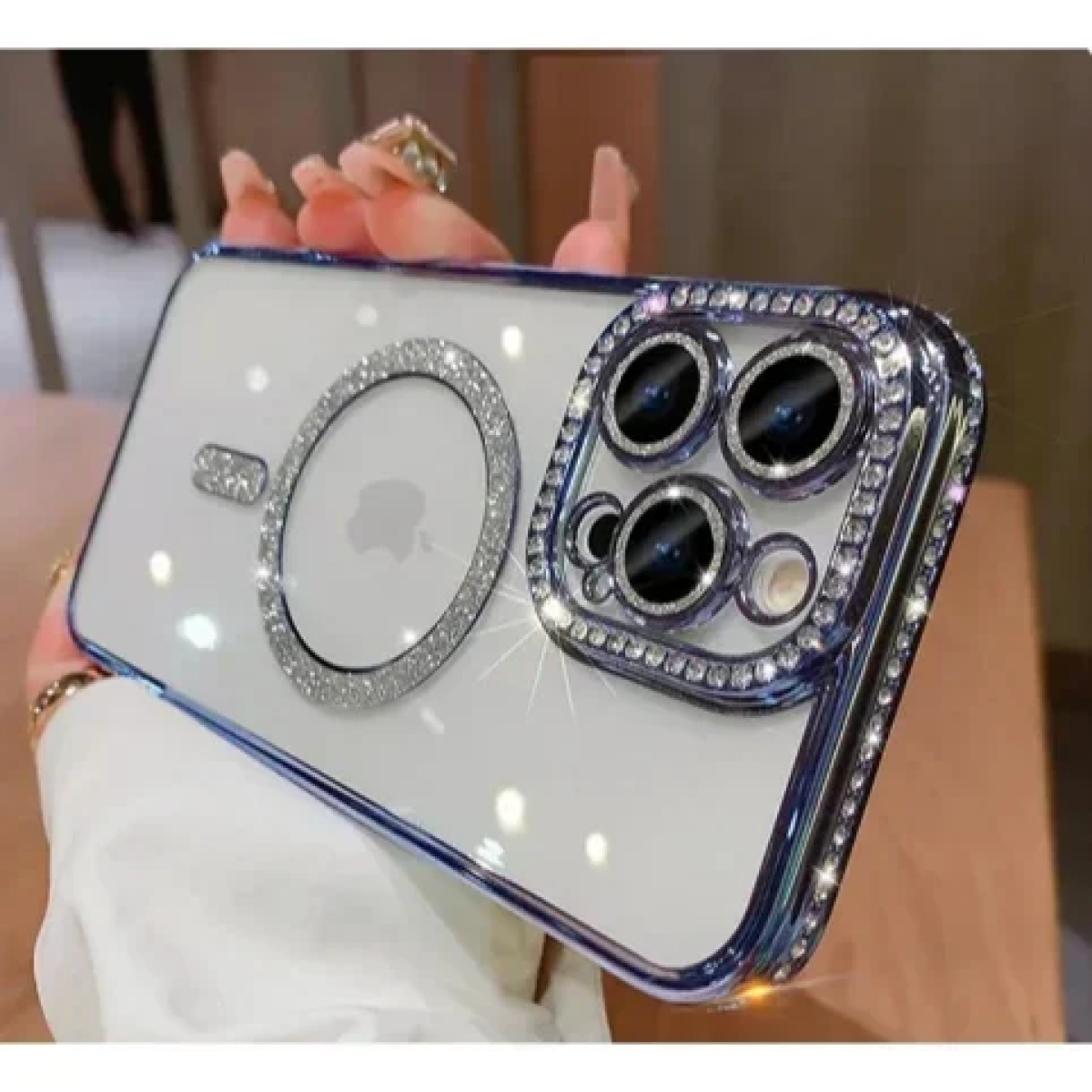 Θήκη Σιλικόνης Glitter and Strass MagSafe με Προστασία Κάμερας Μπλε iPhone 16 Plus