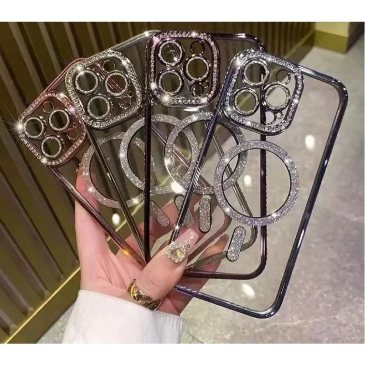 Θήκη Σιλικόνης Glitter and Strass MagSafe με Προστασία Κάμερας Μπλε iPhone 16 Pro Max