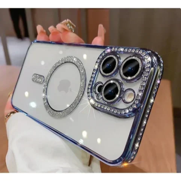 Θήκη Σιλικόνης Glitter and Strass MagSafe με Προστασία Κάμερας Μπλε iPhone 16 Pro Max