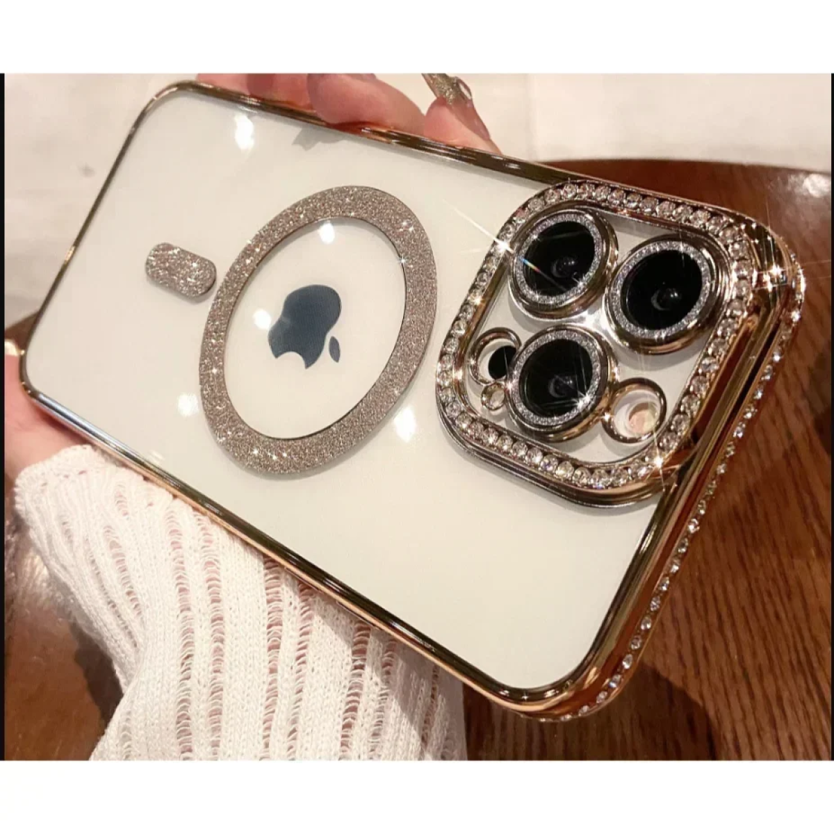 Θήκη Σιλικόνης Glitter and Strass MagSafe με Προστασία Κάμερας Χρυσό iPhone 16