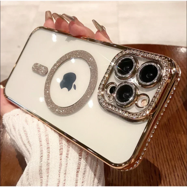 Θήκη Σιλικόνης Glitter and Strass MagSafe με Προστασία Κάμερας Χρυσό iPhone 16 Pro