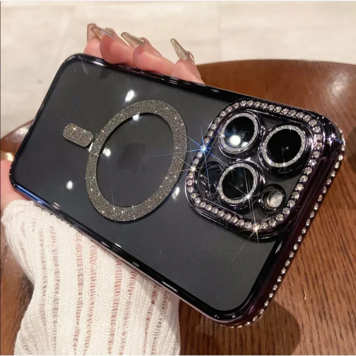 Θήκη Σιλικόνης Glitter and Strass MagSafe με Προστασία Κάμερας Μαύρο iPhone 16