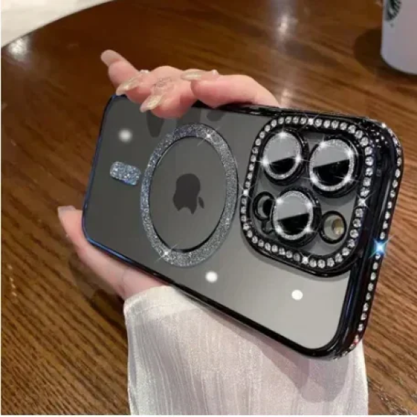 Θήκη Σιλικόνης Glitter and Strass MagSafe με Προστασία Κάμερας Μαύρο iPhone 16 Pro Max