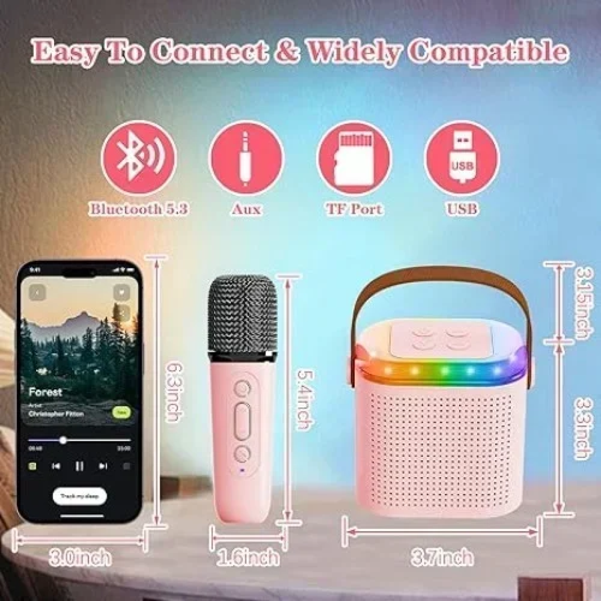 Y1 Ασύρματο Ηχείο Bluetooth 5.3 με λαβή μεταφοράς, LED Φωτισμό & μικρόφωνο Karaoke - Ροζ
