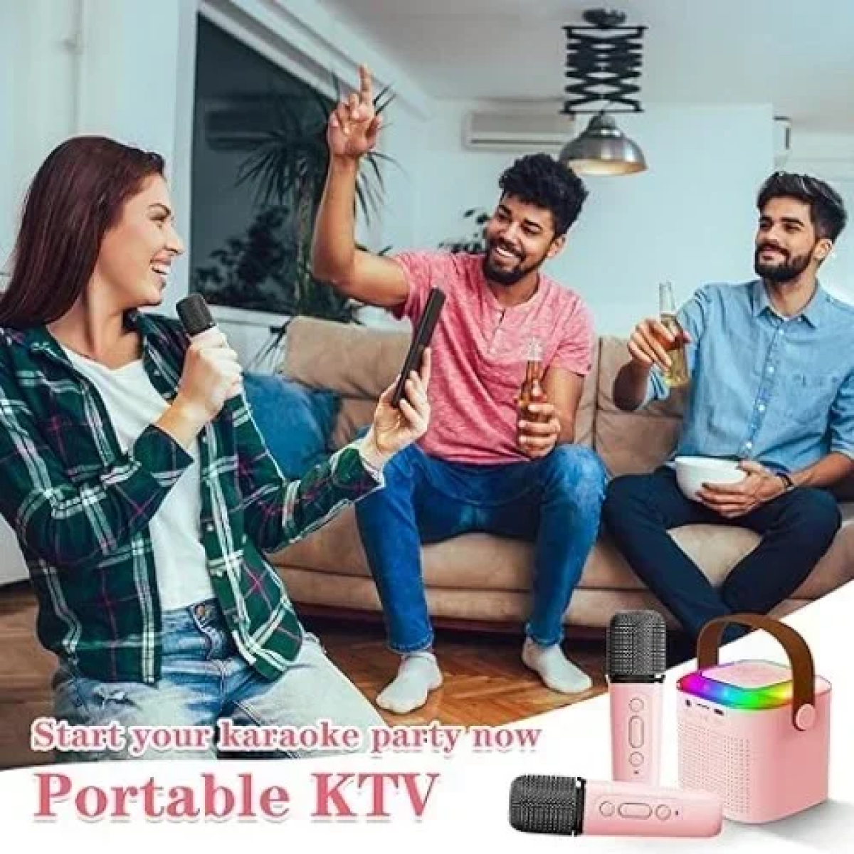 Y1 Ασύρματο Ηχείο Bluetooth 5.3 με λαβή μεταφοράς, LED Φωτισμό & μικρόφωνο Karaoke - Ροζ