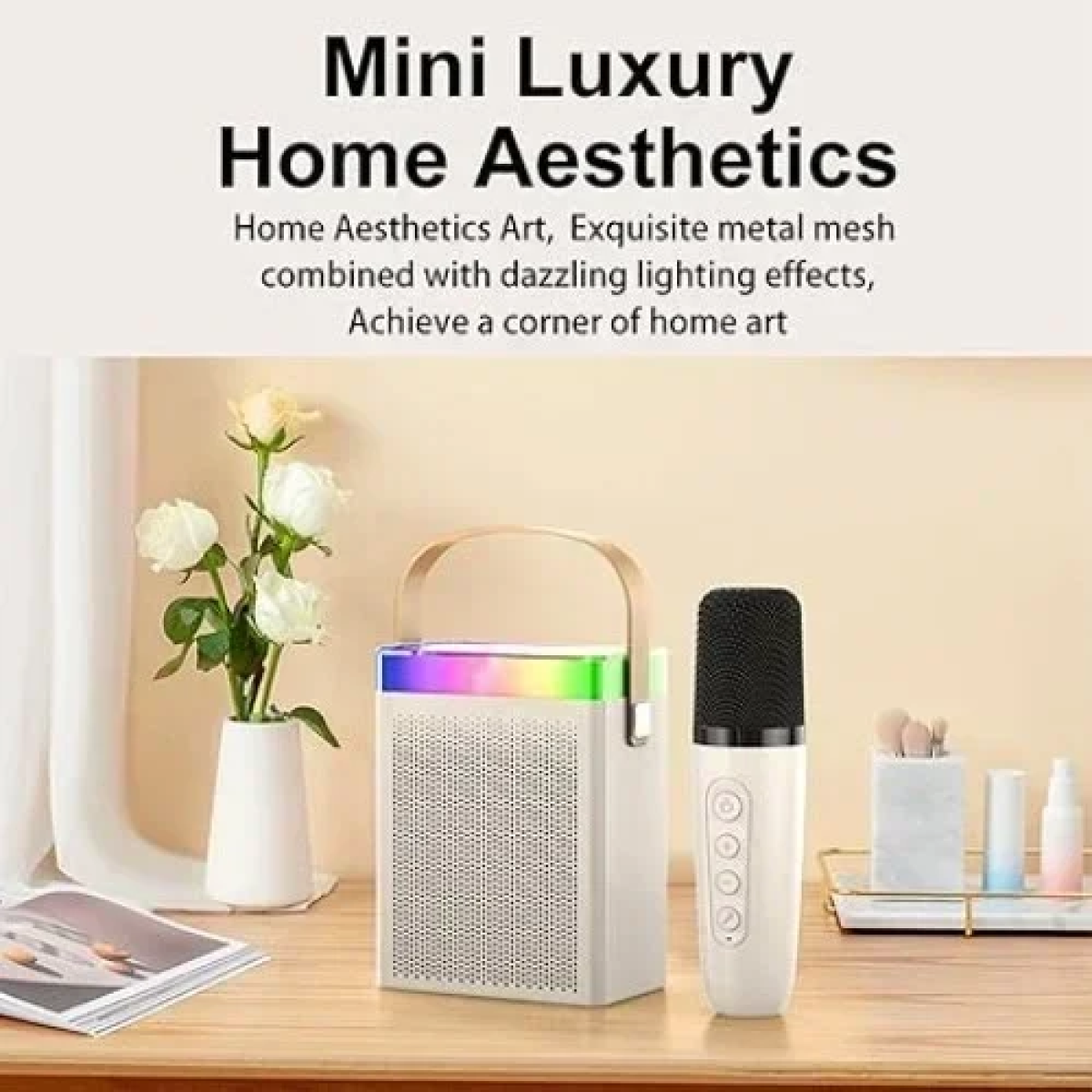 BT-K7 Ασύρματο Ηχείο Bluetooth με λαβή μεταφοράς, LED Φωτισμό & μικρόφωνο Karaoke - Λευκό