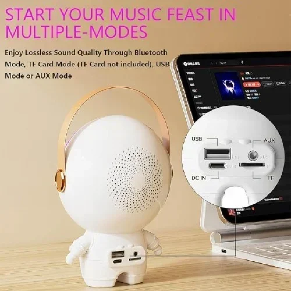 XM-X64 Ασύρματο Ηχείο Bluetooth - Ρολόι με λαβή μεταφοράς, LED Φωτισμό & 2 μικρόφωνα σε σχέδιο Αστροναύτη