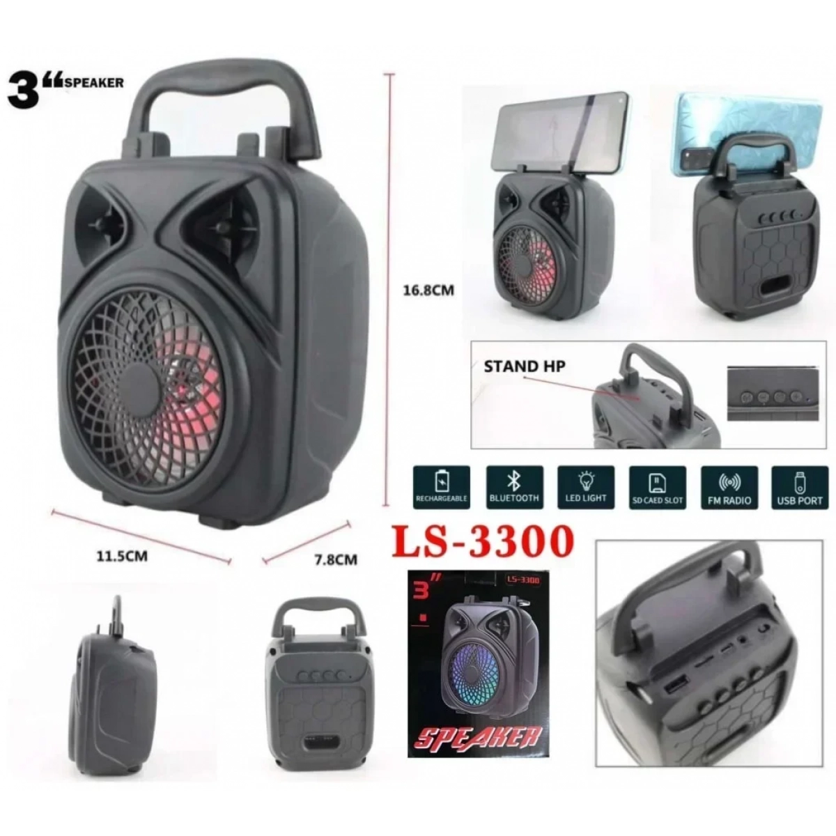LS-3300 Μίνι Ασύρματο Φορητό Ηχείο Bluetooth 3″ με LED Φωτισμό - Μαύρο