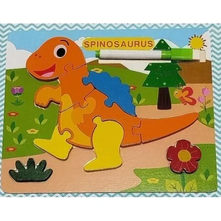 Ξύλινο Παιχνίδι 2 σε 1 Πίνακας Ζωγραφικής με Μαρκαδόρο & Παζλ με Σφηνώματα 18x22 cm SDS-26139 Δεινόσαυρος
