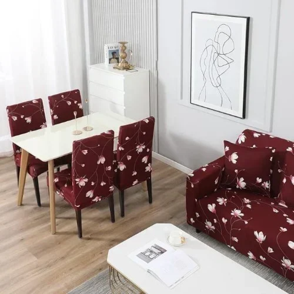 Ελαστικό Κάλυμμα Σαλονιού για Διθέσιο 140-185cm Μπορντό με λουλούδια