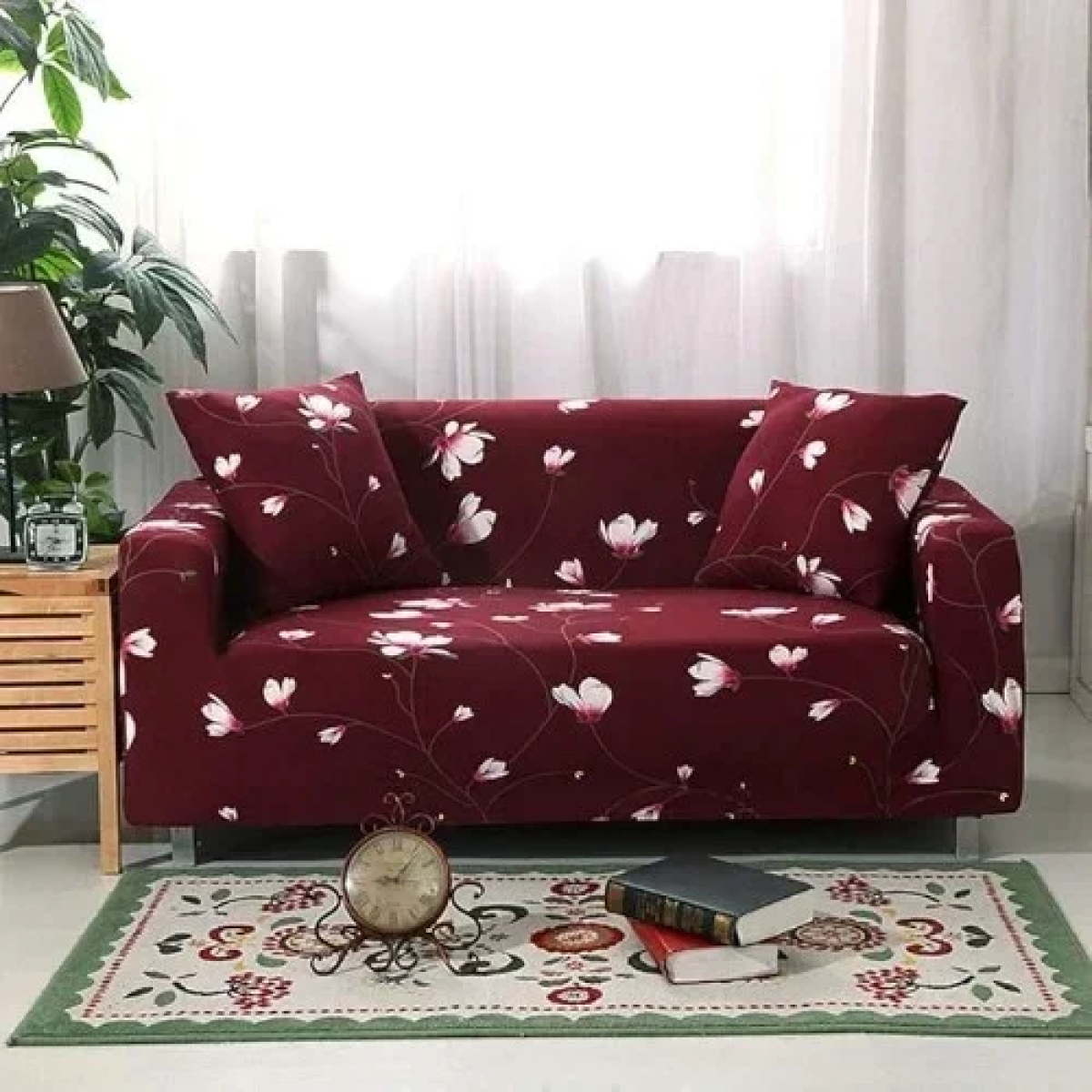 Ελαστικό Κάλυμμα Σαλονιού για Διθέσιο 140-185cm Μπορντό με λουλούδια