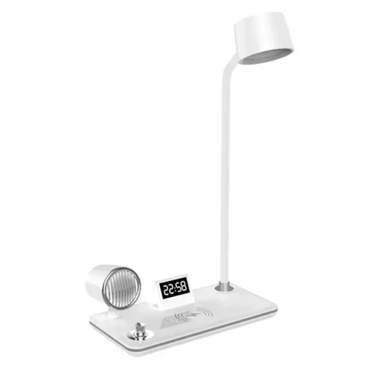 Επιτραπέζιο φωτιστικό με επαναφορτιζόμενο ασύρματο ξυπνητήρι & BT Speaker - λευκό