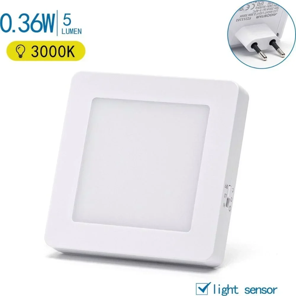Φωτιστικό LED Νυκτός Πρίζας με Φωτοκύτταρο 0.36W