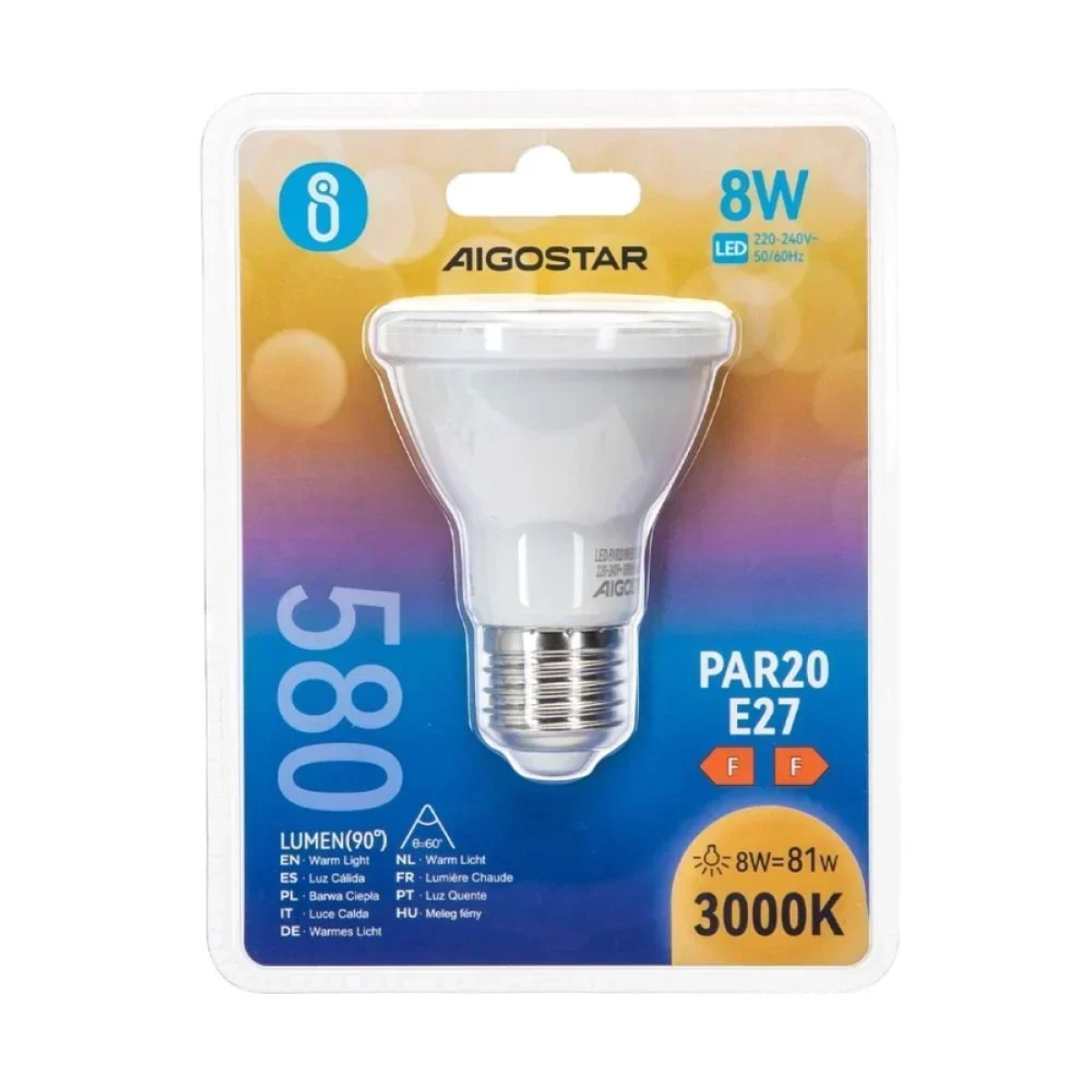 Λάμπα LED PAR20 8W 580lm E27 Θερμό Aigostar