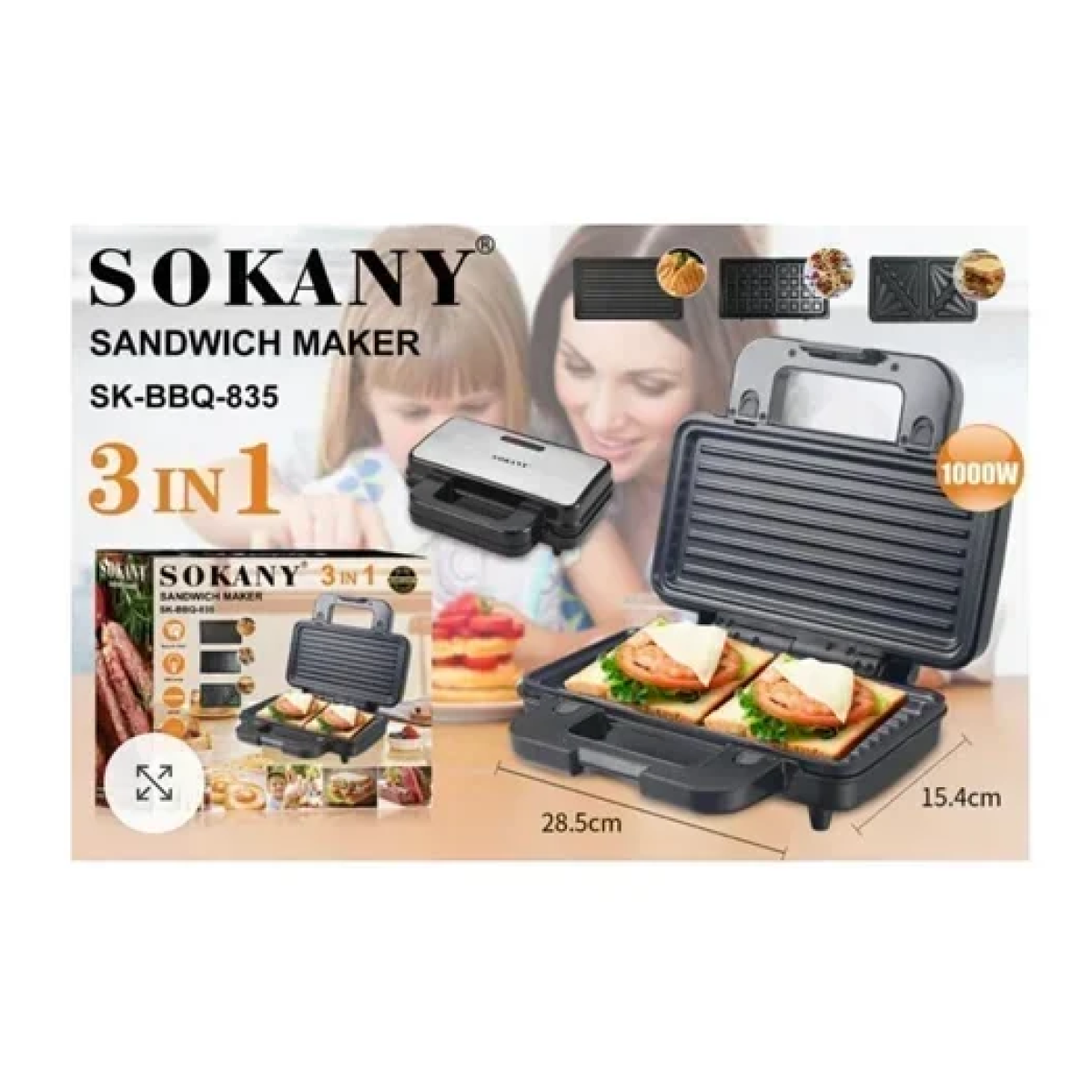 Τοστιέρα με αντικολλητικές πλάκες 3 σε 1 - Grill Maker 1000W Sokany SK-BBQ-835 μαύρη - Image 2