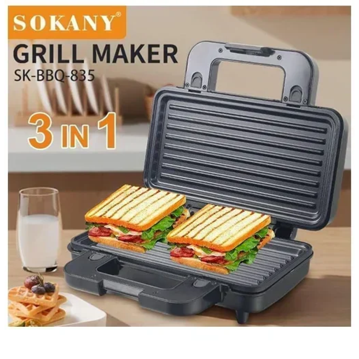 Τοστιέρα με αντικολλητικές πλάκες 3 σε 1 - Grill Maker 1000W Sokany SK-BBQ-835 μαύρη - Image 3