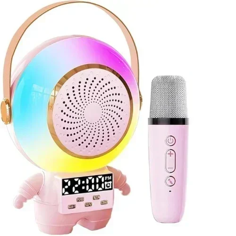 XM-X64 Ασύρματο Ηχείο Bluetooth - Ρολόι με λαβή μεταφοράς, LED Φωτισμό & 1 μικρόφωνο σε σχέδιο Αστροναύτη - Ροζ