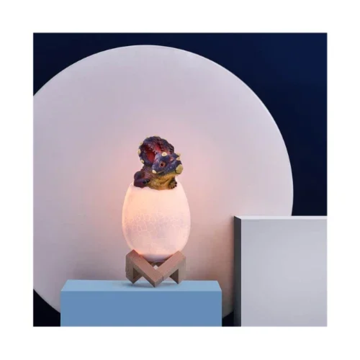 Διακοσμητική Λάμπα LED σε σχήμα δεινόσαυρο με ξύλινη βάση & 7 εναλλαγές χρωμάτων - Γαλάζιο