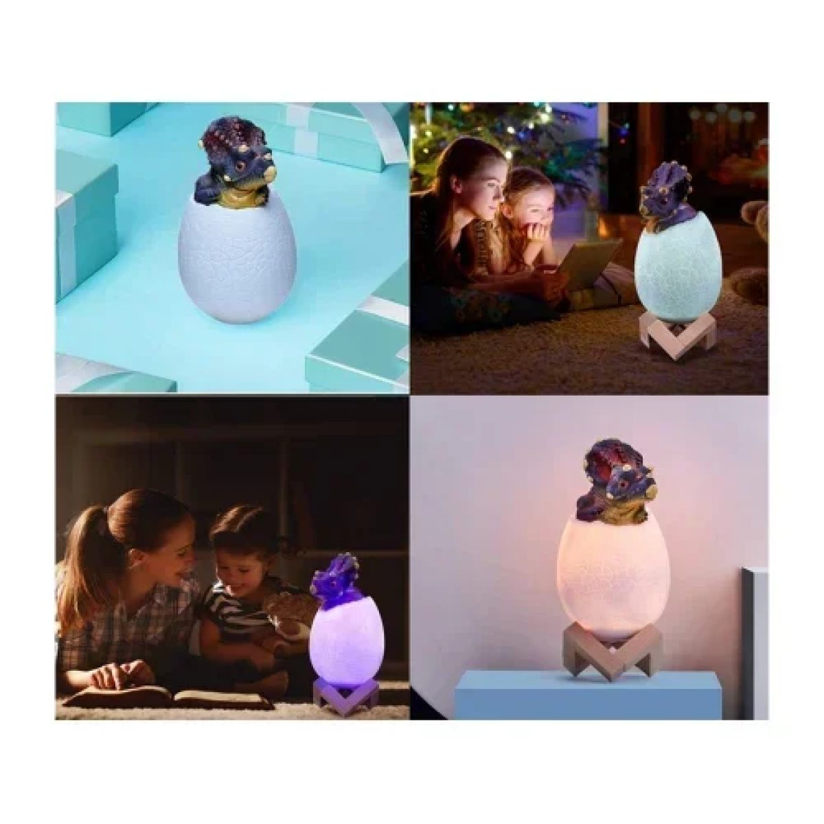 Διακοσμητική Λάμπα LED σε σχήμα δεινόσαυρο με ξύλινη βάση & 7 εναλλαγές χρωμάτων - Γαλάζιο