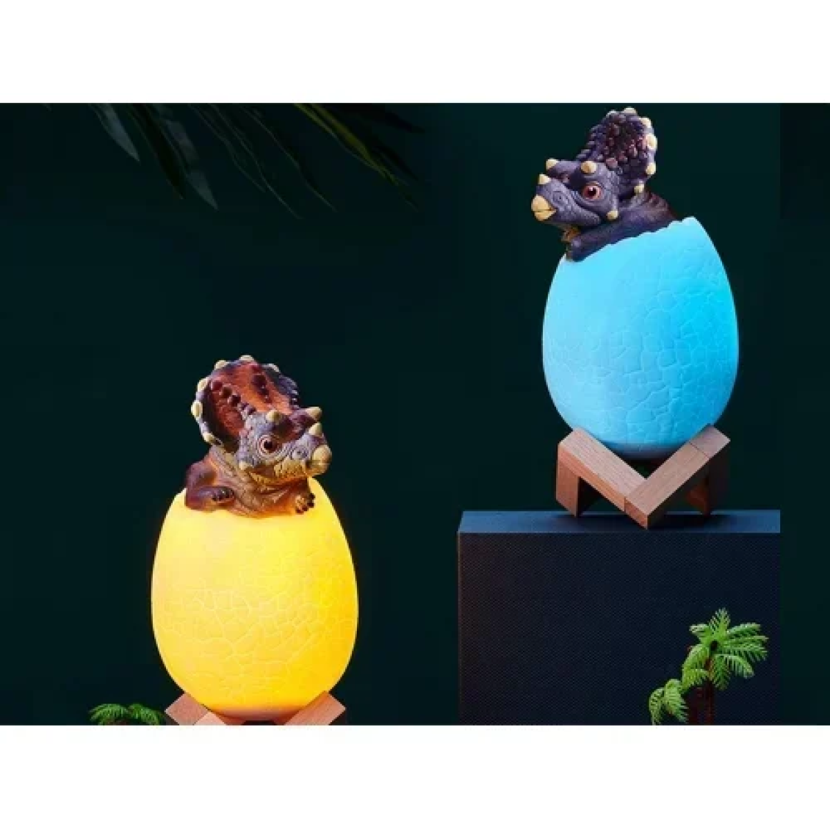 Διακοσμητική Λάμπα LED σε σχήμα δεινόσαυρο με ξύλινη βάση & 7 εναλλαγές χρωμάτων - Γαλάζιο