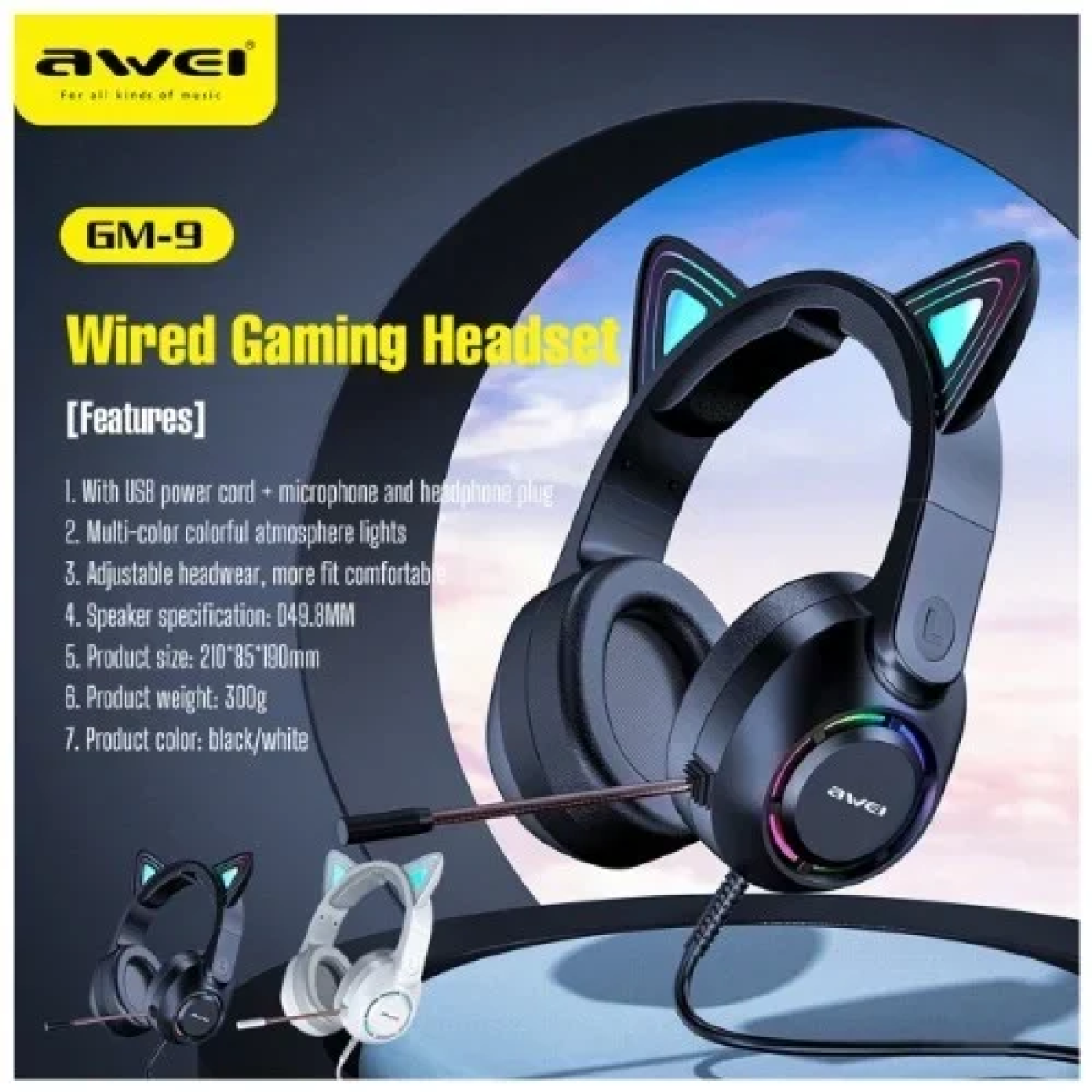 Ενσύρματα Ακουστικά με Μικρόφωνο Cat Headphones Awei GM-9 Μαύρα