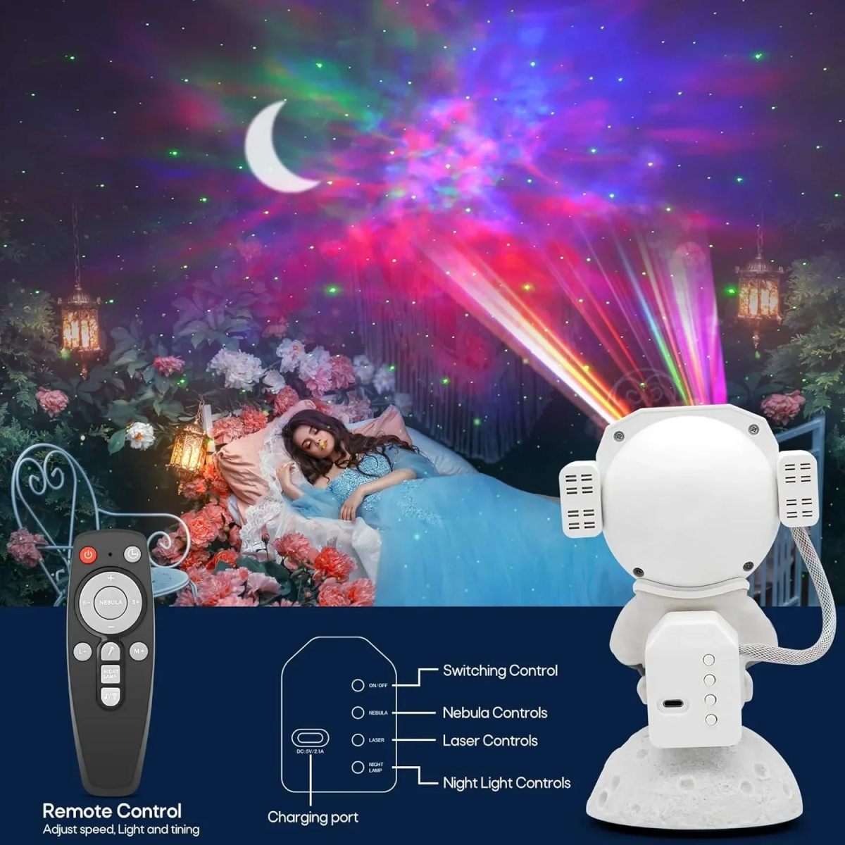 Γαλαξιακός Προβολέας Αστροναύτης RGB με Ηχείο Bluetooth