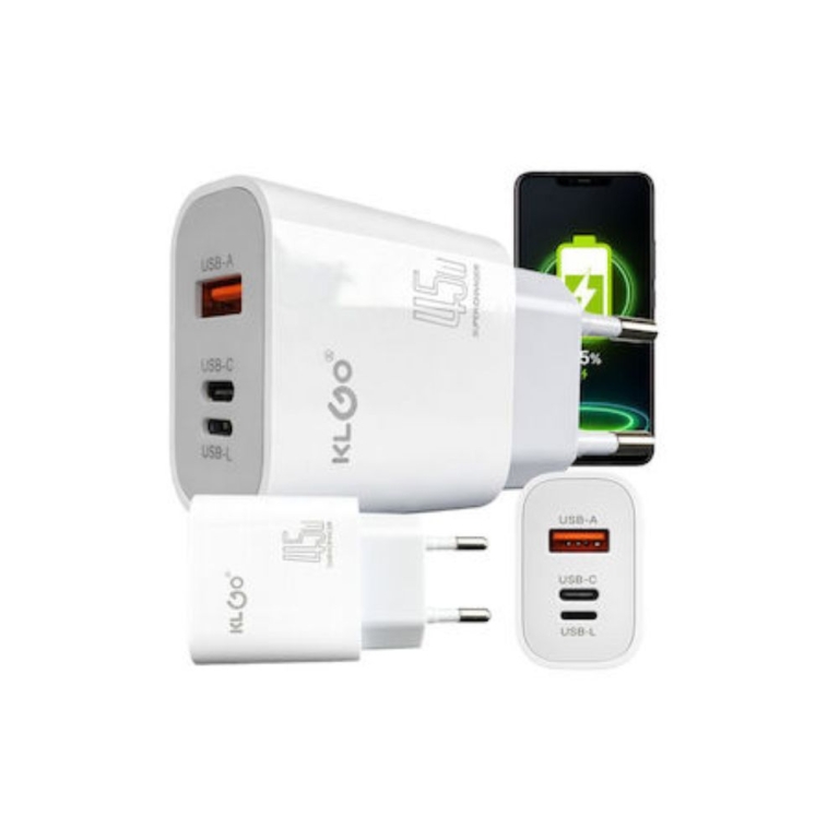KLGO PD-68 Φορτιστής χωρίς καλώδιο 45W 1xUSB-C 1xUSB-A 1xUSB-L
