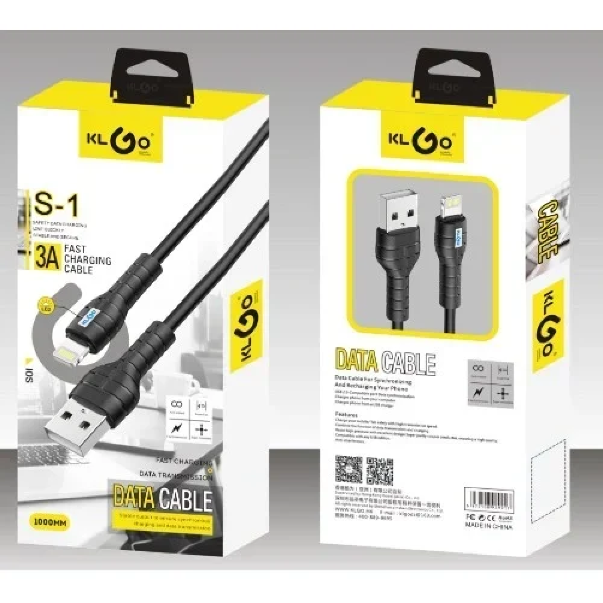KLGO S-1 Καλώδιο Lightning USB 1m Fast Charging 3A Μαύρο