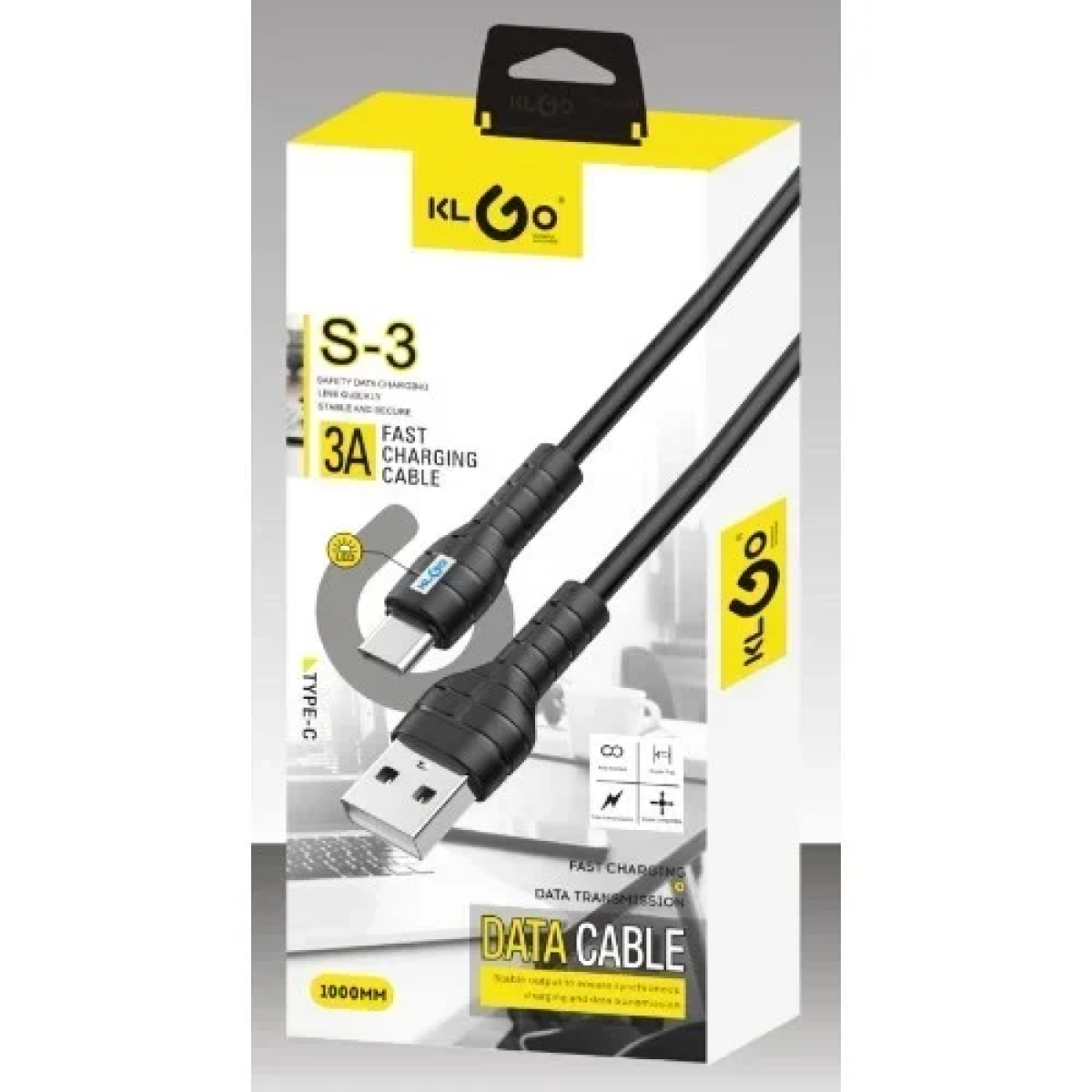 KLGO S-3 Καλώδιο Type-C USB 1m Fast Charging 3A Μαύρο