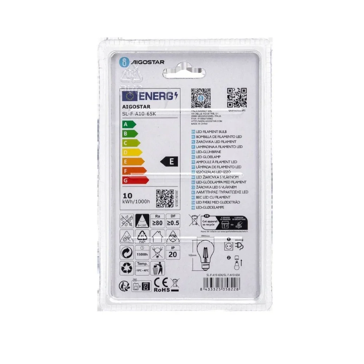Λάμπα Νήματος LED A60 E27 10W 6500K Aigostar