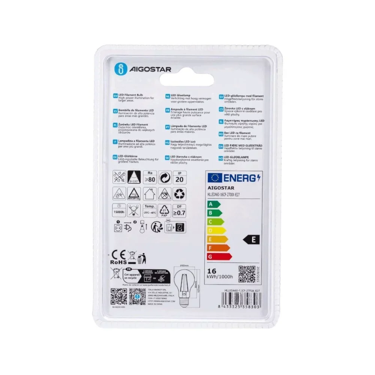 Λάμπα Νήματος LED A60 E27 16W 2700K Aigostar