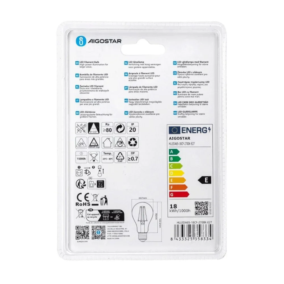 Λάμπα Νήματος LED A65 E27 18W 2700K Aigostar