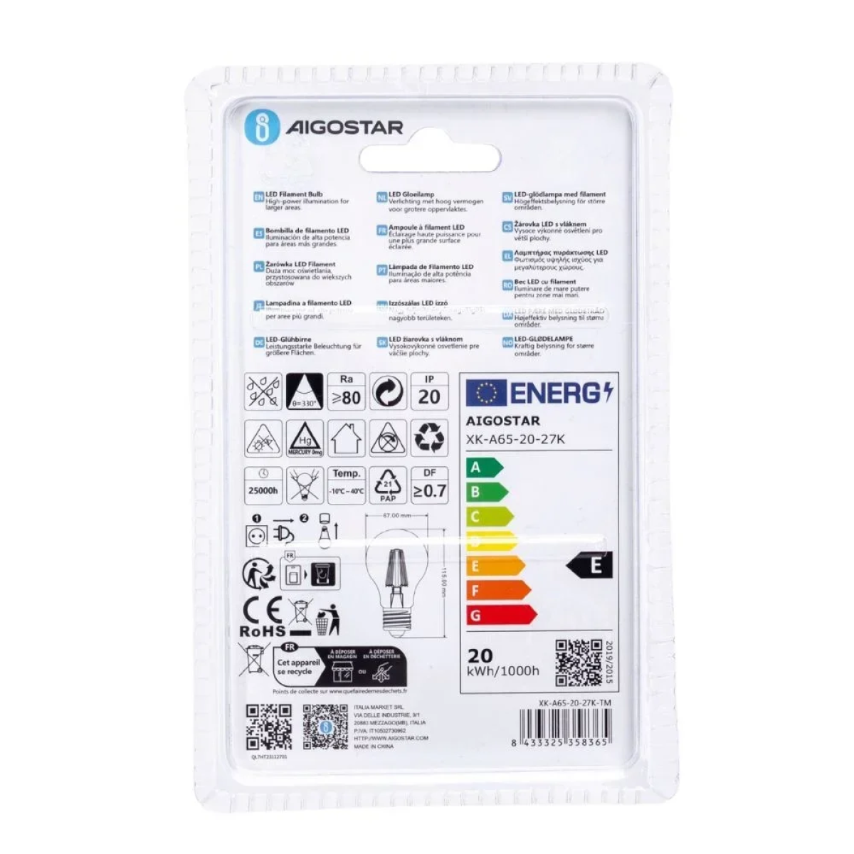 Λάμπα Νήματος LED A65 E27 20W 2700K Aigostar