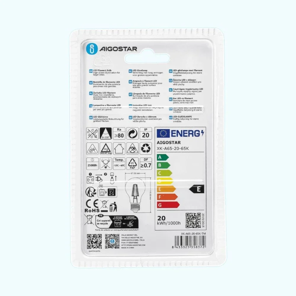 Λάμπα Νήματος LED A65 E27 20W 6500K Aigostar