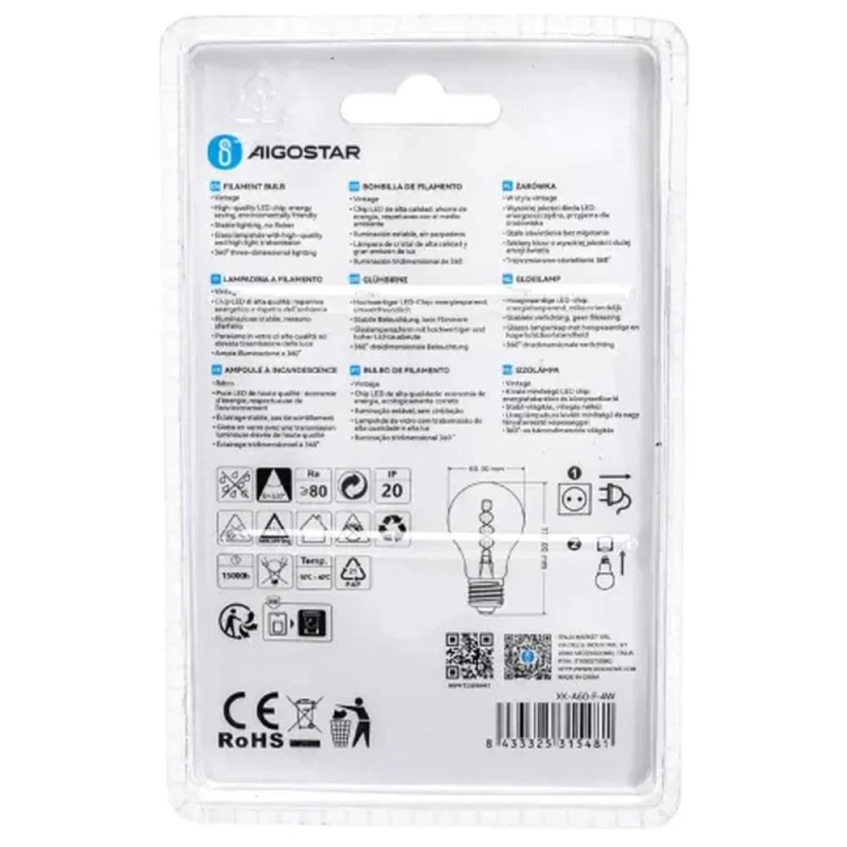 Λάμπα Νήματος LED Amber A60 E27 4W 1800K Aigostar