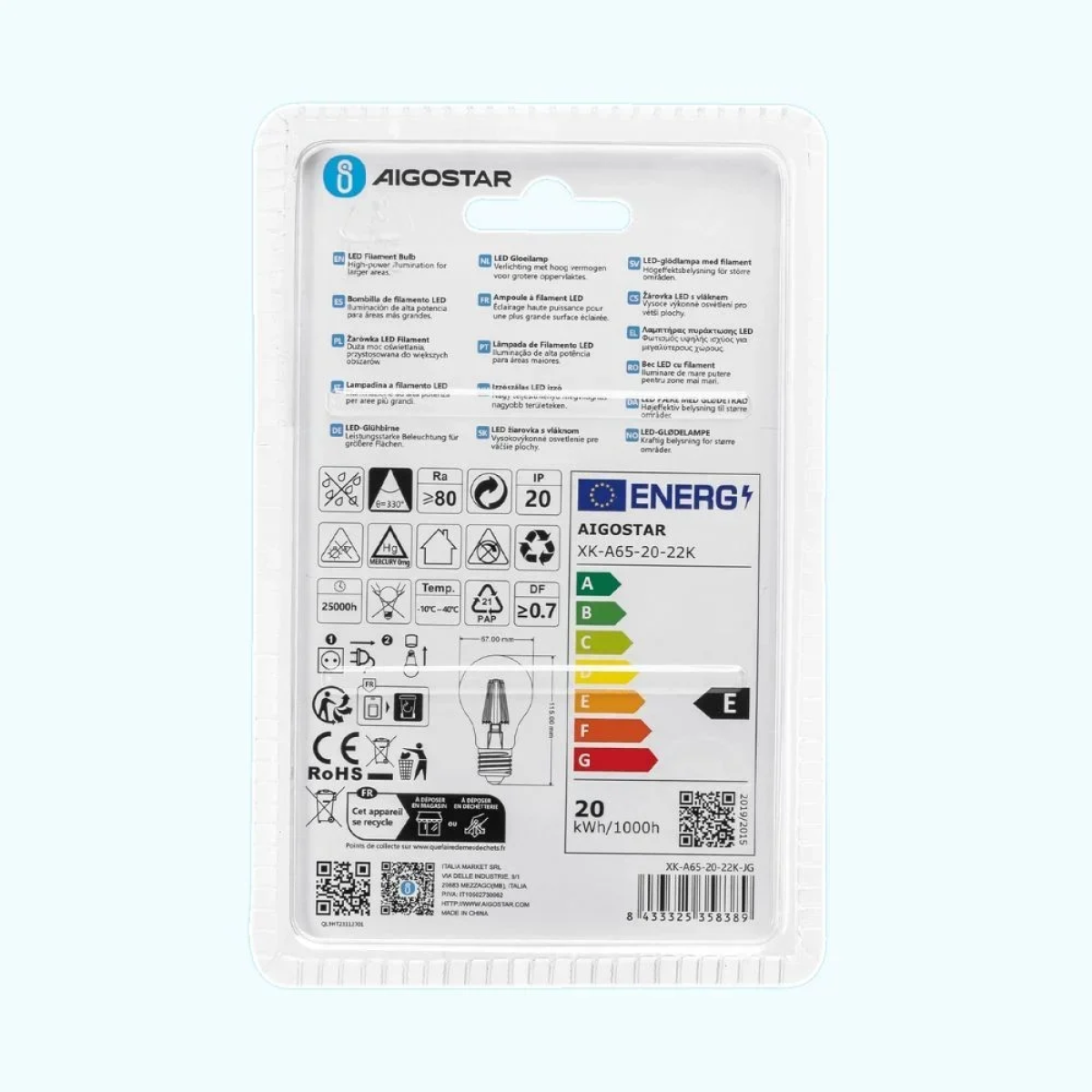 Λάμπα Νήματος LED Amber A65 E27 20W 2200K Aigostar