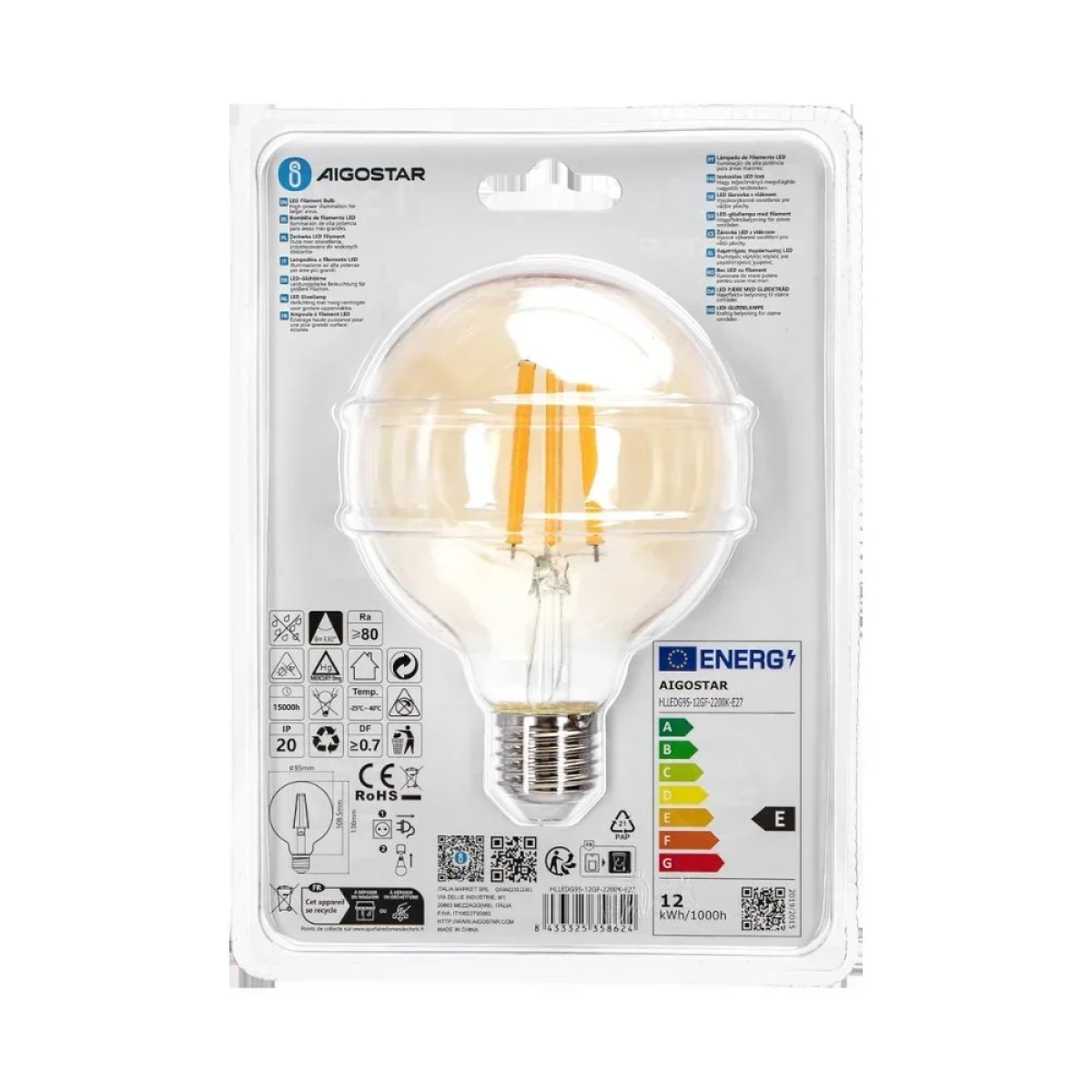 Λάμπα Νήματος LED Amber G95 E27 12W 2200K Aigostar