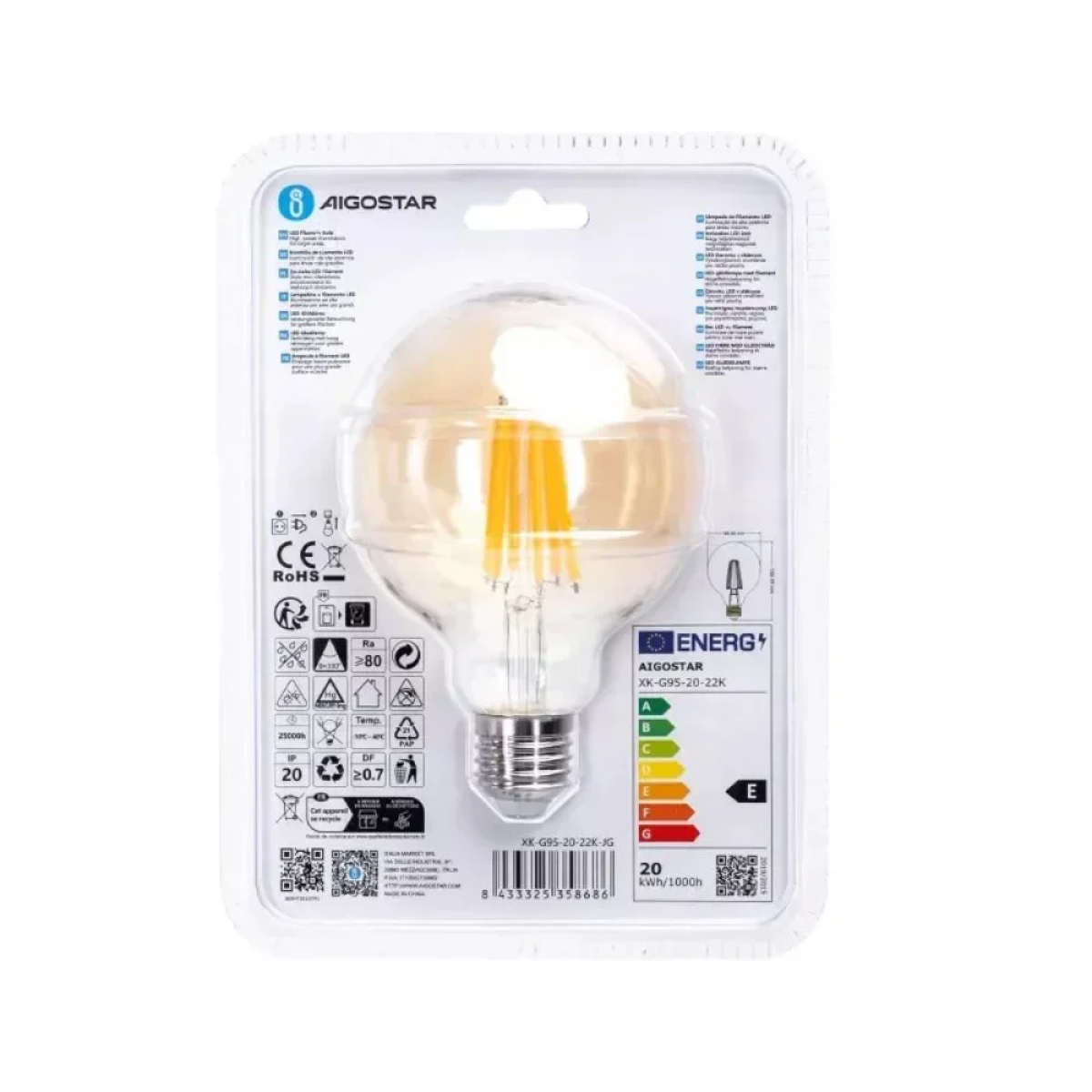 Λάμπα Νήματος LED Amber G95 E27 20W 2200K Aigostar