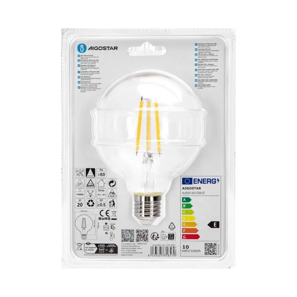 Λάμπα Νήματος LED G95 E27 10W 2700K Aigostar