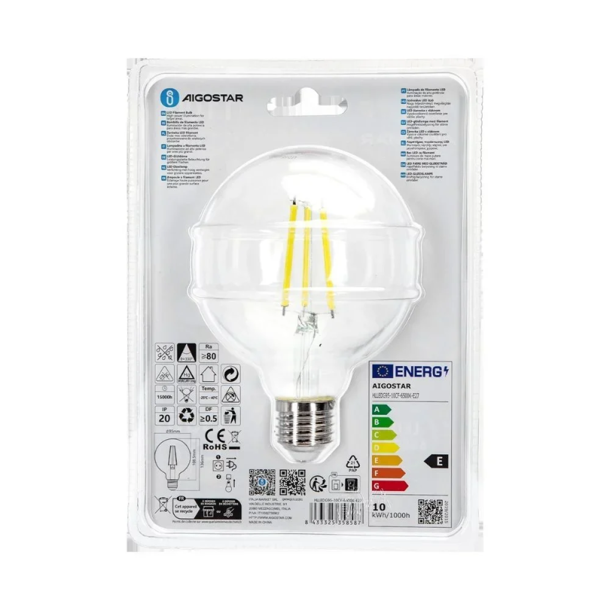 Λάμπα Νήματος LED G95 E27 10W 6500K Aigostar