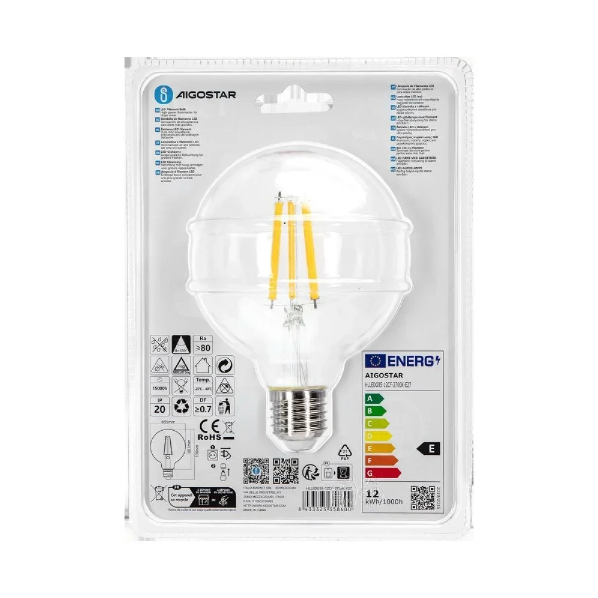 Λάμπα Νήματος LED G95 E27 12W 2700K Aigostar