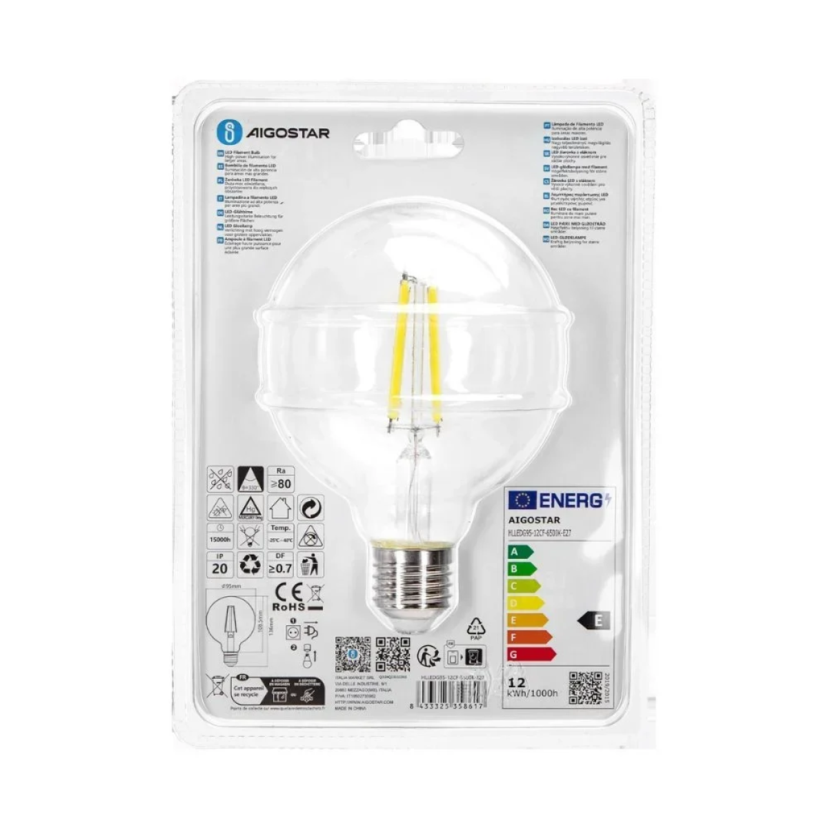 Λάμπα Νήματος LED G95 E27 12W 6500K Aigostar