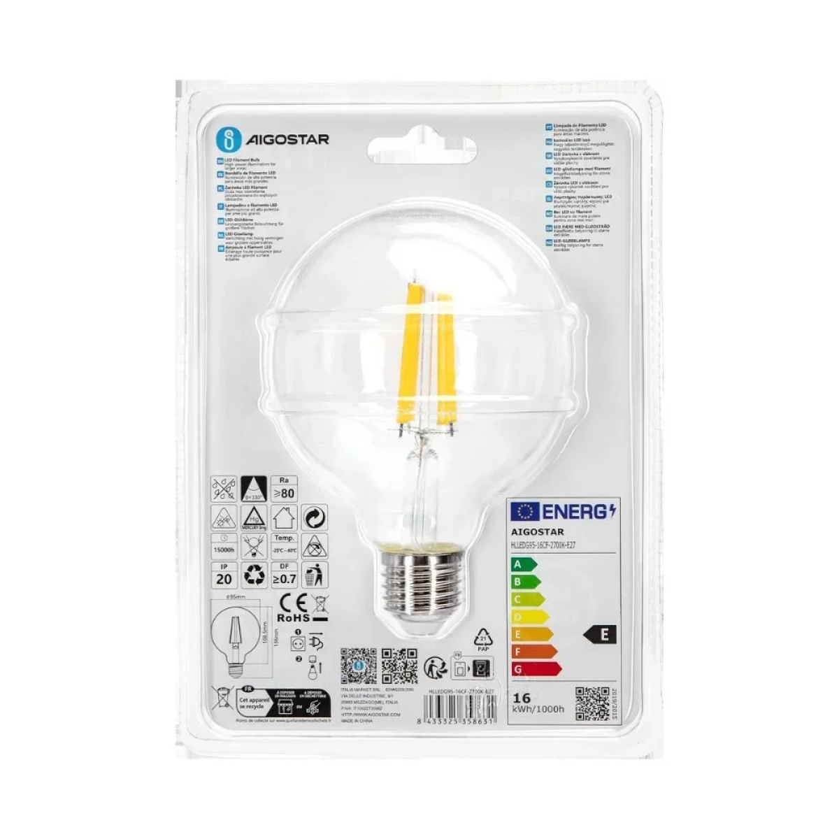 Λάμπα Νήματος LED G95 E27 16W 2700K Aigostar