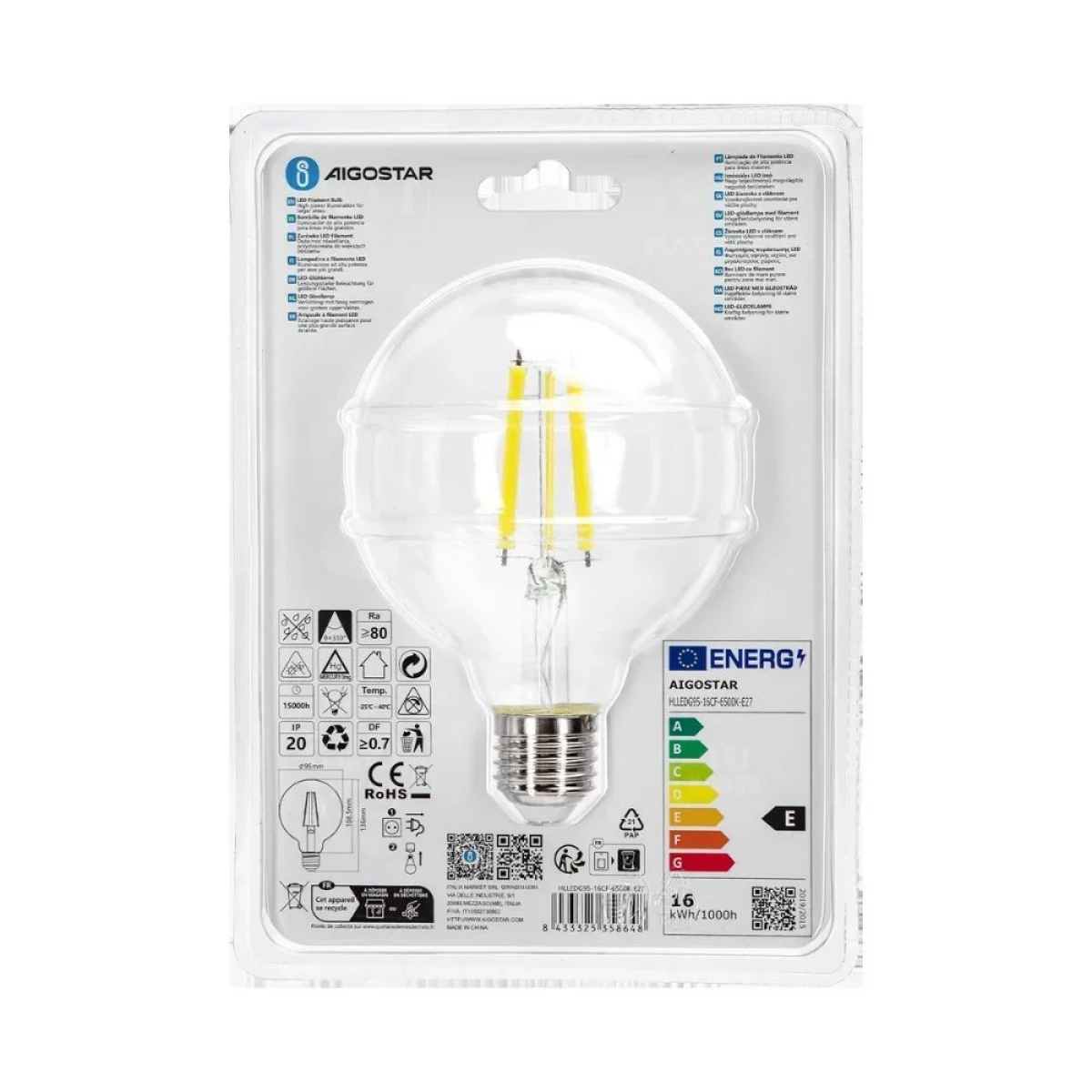Λάμπα Νήματος LED G95 E27 16W 6500K Aigostar
