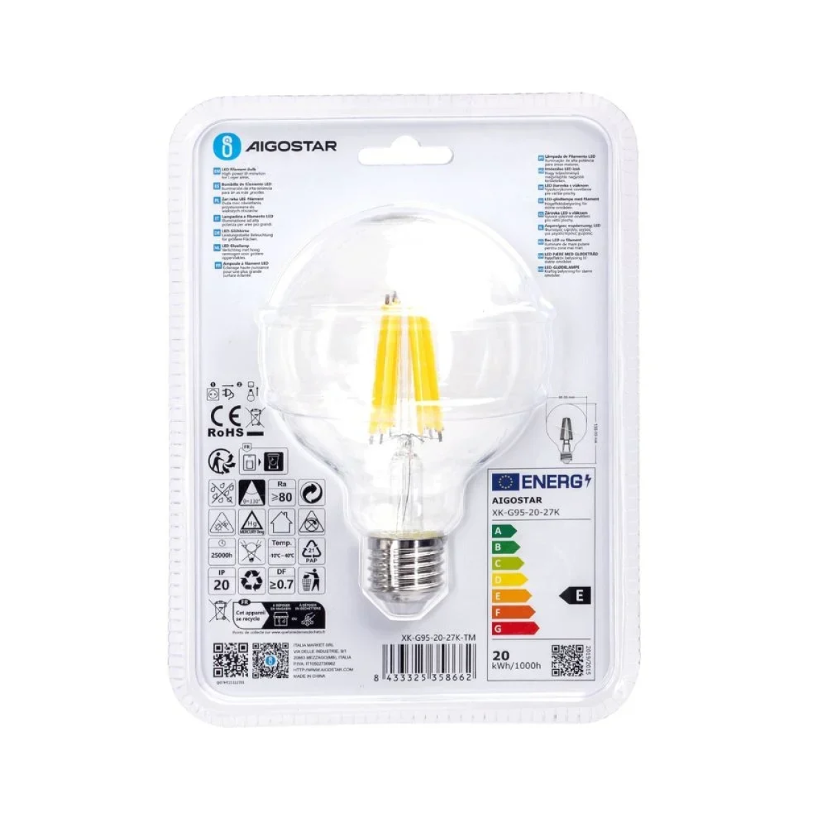 Λάμπα Νήματος LED G95 E27 20W 2700K Aigostar